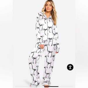 Tall Bow Print Satin Button Through Shirt & Trouser Pajama Set